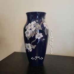 Cobalt Blue Ceramic Vase with Floral Design
