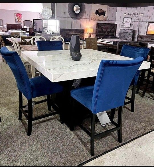 New Brand💎Marble Black/White Counter Height Table And Blue Velvet Stools🌟Dining/Kitchen 5 Piece Dining Room Set✅On Display 🏠