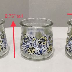 3 Clear with Blue & Yellow Flowers Glass Tea Light Candle Jars 
