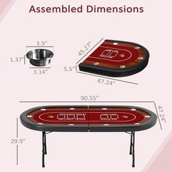 91" Extra Large Foldable Poker Table for 10 Players - Texas Blackjack & Holdem Wood Grain Board Game Table - Large Casino Table with 10 Stainless Stee