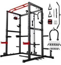 Power Rack, Multi-Functional Power Cage, Squat Rack with Pulley System & LAT Pull Down, Workout Cage with J Hooks for Home Gym