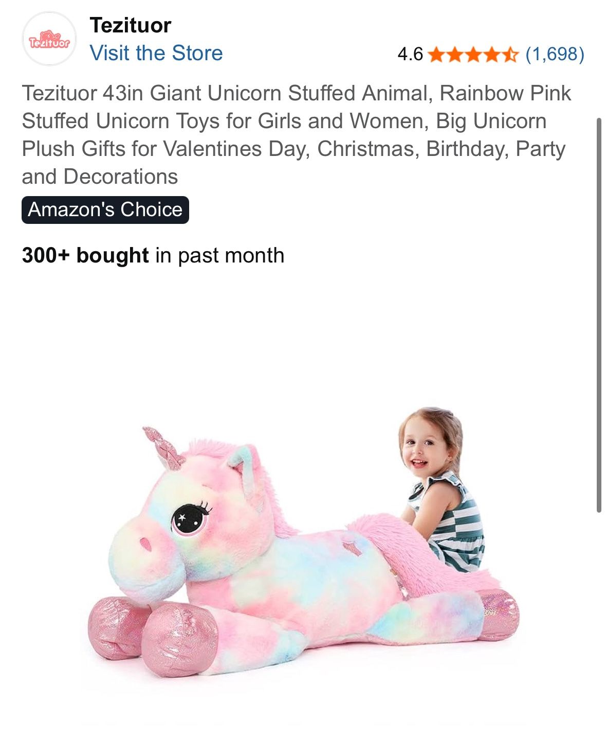 Tezituor 43in Giant Unicorn Stuffed Animal, Rainbow Pink Stuffed Unicorn Toys for Girls and Women,