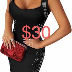 CHICME Women's Elegant Sleeveless Rhinestone Bodycon Midi Dress 2025 Square Neck Sparkly Cocktail Party Clubwear Dress