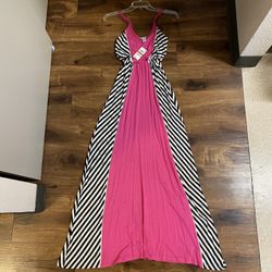 Brand New Woman’s Bar III Pink and Black/White Zebra Striped Maxi Dress Up For Sale 