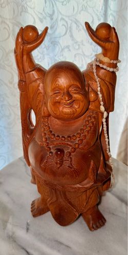 Vintage Hand-Carved Wooden Laughing Buddha
