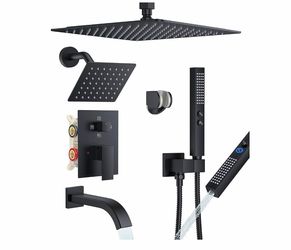 Rain Shower System with Rough-in Valve, Ceiling Mount Shower Faucet Set with 12" & 6" Dual Rain Shower Heads, 2-in-1 Handheld Shower, Tub Spout, 4-Fun
