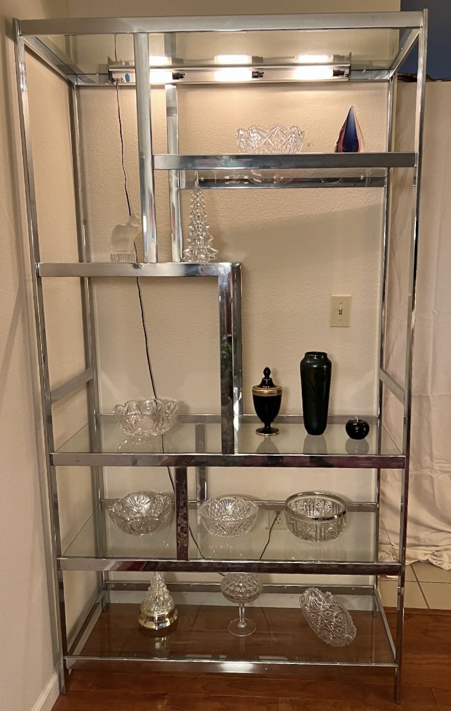 Mid Century Modern Etagere Chrome & Glass Display Cabinet w/ Light and 6 Shelves