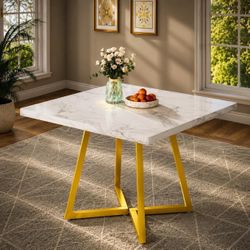 Square Dining Table, 31.5" Modern Dinner Table with Metal Base, Kitchen Table White & Gold.