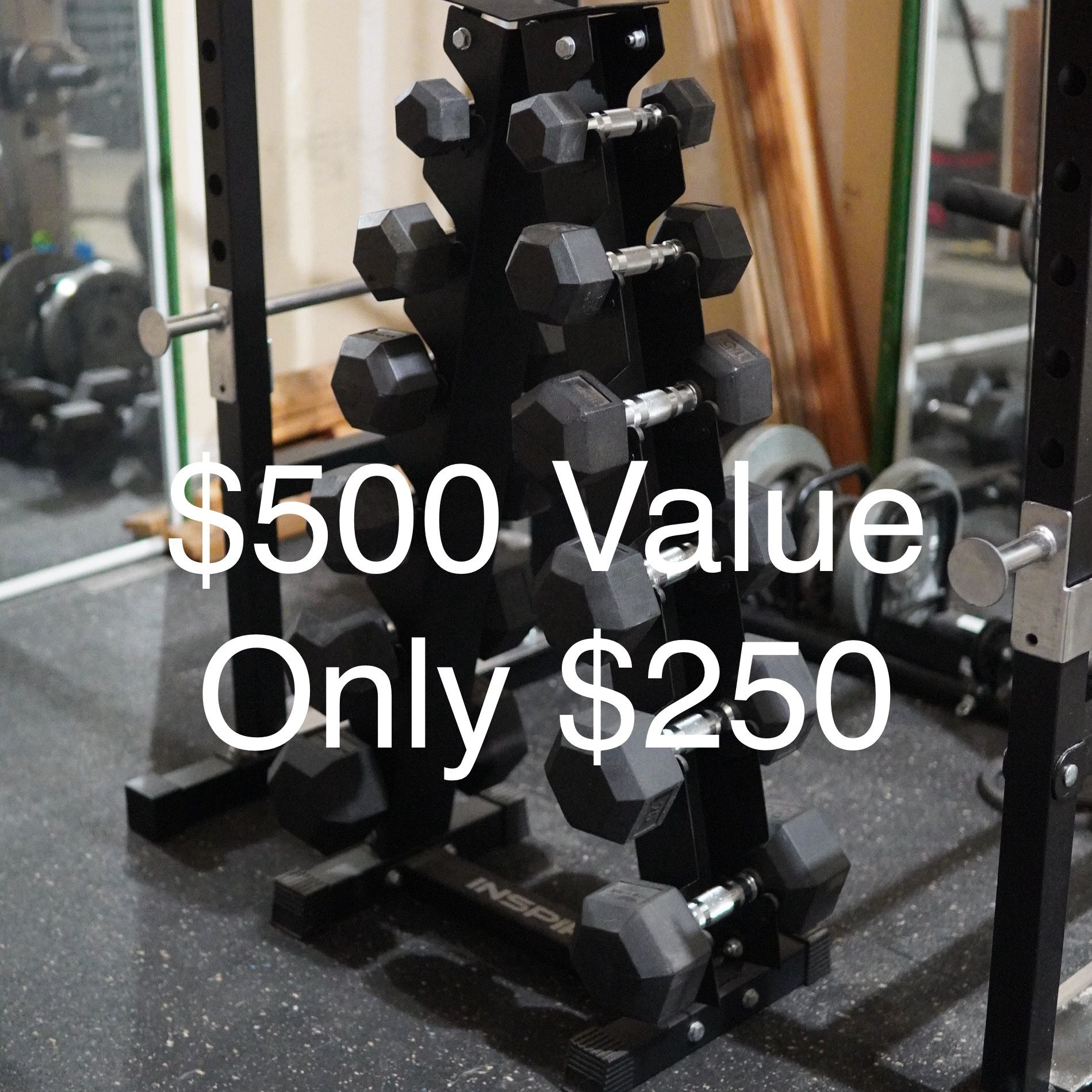 Inspire Dumbbell Rack With Dumbbells. 30, 25, 20, 15, 10, 5lbs