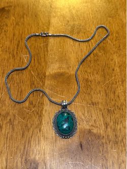 Vintage 950 Silver Chrysocolla Green Stone Pendant Necklace 20.5”