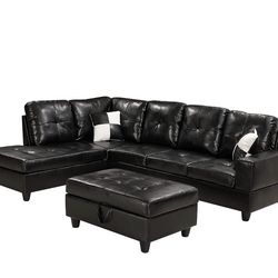 Black Leather Sectional Couch With Ottoman 