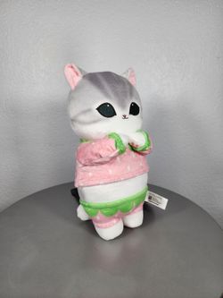 12" Mofusand Grey Cat In Pink Strawberry Pajamas Plush