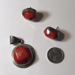 Vintage Silver And Red Coral Pendant And Earrings Set Gorgeous And Unique 