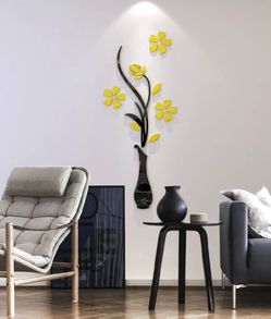 3D Vase Wall Murals for Living Room Bedroom Sofa Backdrop, DIY Wall Decal - Originality Stickers Gift, Yellow, 39 X 16 inches