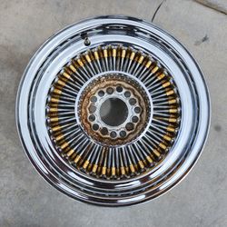Single 15" Chrome & Gold Wire Spoke Wheel 5 Lug 15x7" Rim