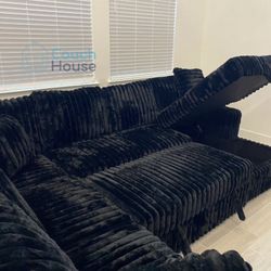Black Fluffy Corduroy Sectional Couch With Pull Out Bed Free Delivery 🚚 