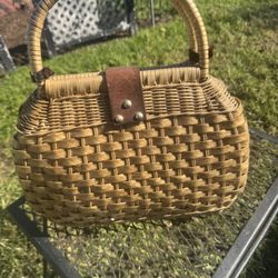 Charming vintage wicker basket purse, likely from the 1950s or 1960s