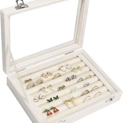 8003 Rings Organizer Tray 7 Slots Velvet Jewelry Earring Storage Box With Transparent Lid Jewelry Display Case For Girls Wife Mom Women (Beige)