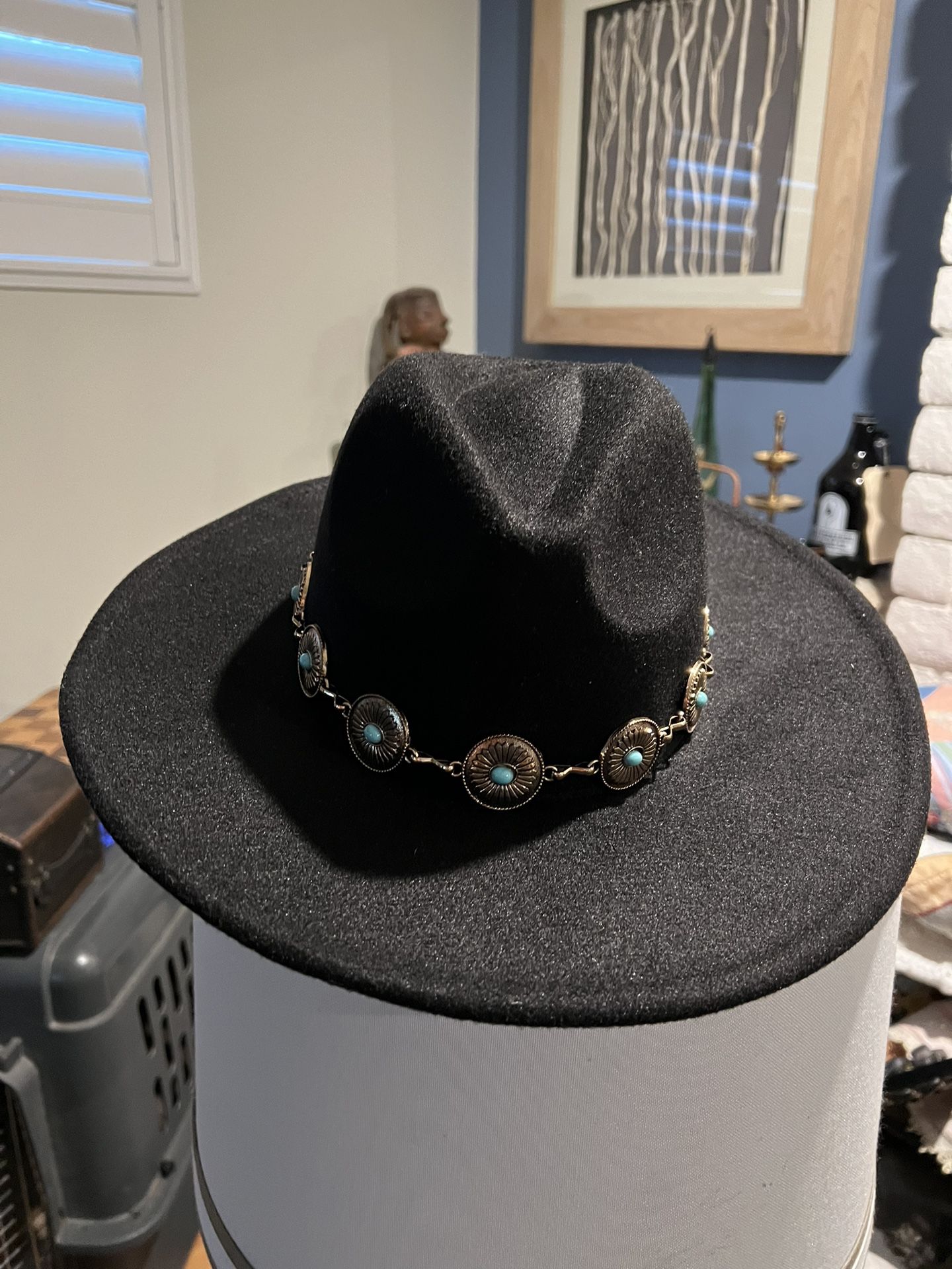 Black Hat With Copper And Turquoise Concho In New Condition 