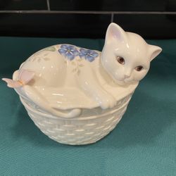 So Cute! Lenox Butterfly Meadows Kitten In A Basket Bowl