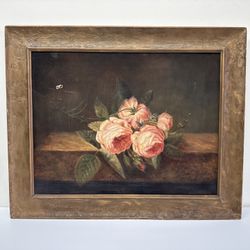 Pink Roses Antique Oil Painting Unsigned 18x14” Framed Butterfly Painting Oil