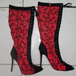 SHOE DAZZLE ANIKA –Lace overlay, faux suede, approx. 4” heel, red/black, sz 10

