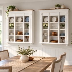 2Pcs Set White and Wood Grain Close Back Wood Frame Wall-Mounted Food Pantry Cabinet