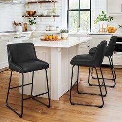 Set of 3 Bar Stools 26 Inch Counter Height, Faux Leather Upholstered Bar Stools with Back, Morden Bar Stools Suitable for 36-39 Inch Kitchen Island