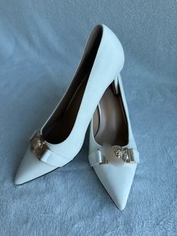 White Designer Inspired Pointed-Toe Women's Heels with Gold Emblem