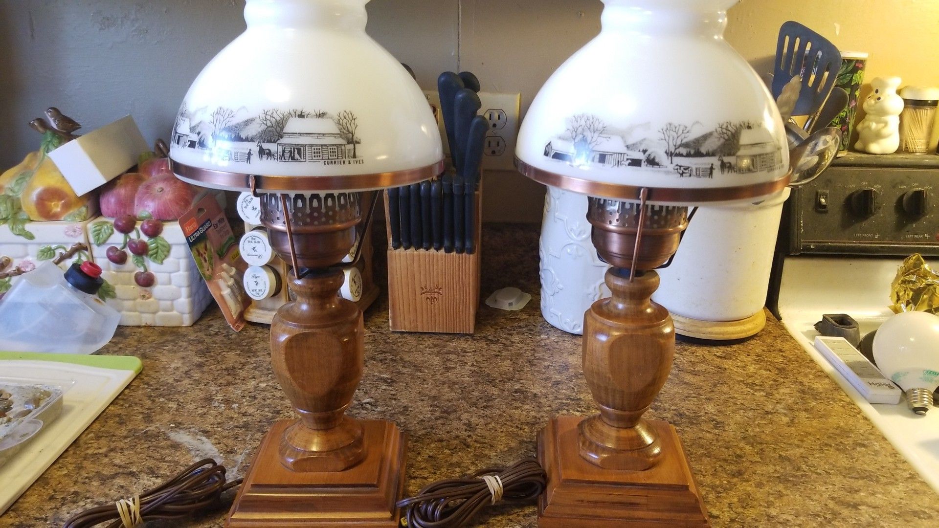 Antique Currier & Ives milk glass hurricane lamps