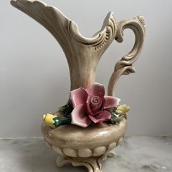 Antique Capodimonte Flower Rose Vase, Water Pitcher Made in Italy, Home Decor 