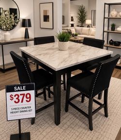 5-pc counter Height dining table set white faux marble table top