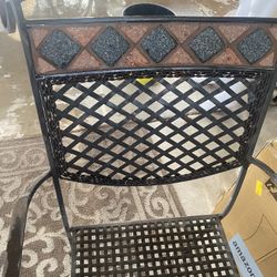 2x Ornate And Beautiful Wrought Iron Garden Chairs With Tile Inlay On Back Rest. Heavy Duty Built The Last One Piece Iron Chairs. (2)