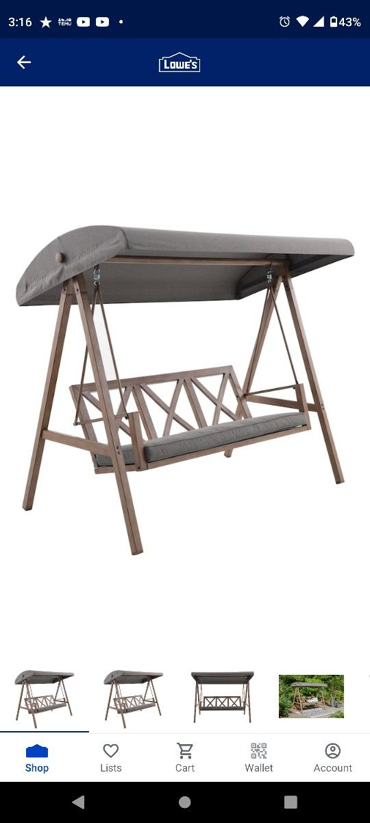 Brand New Never Opened Style Selection 3 Person Brown Steel Outdoor Swing