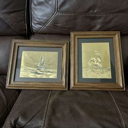 Vintage Framed Gold Foil Etching Nautical Ship Large 13x11" 1970s Lot Of 2 Artwork