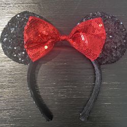 Disney Parks Minnie Mouse Classic Red Bow Black Ears Sequin Headband 