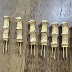 Corn on the Cob Holders Gold Tone Bamboo Set 8 Corn Picks Skewers