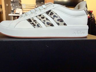 Adidas White Sneakers with Leopard Print Stripes. Size 8 women