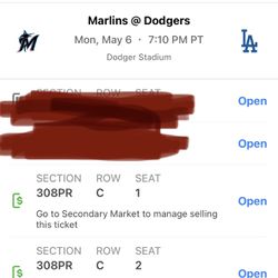 Dodgers Vs Marlins Monday 05/06 2 Tickets