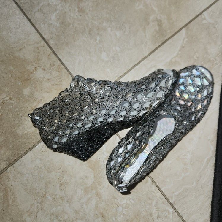 New Silver Glitter Rubber Wedges Sz 39