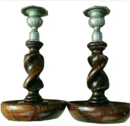 Vintage Hand Crafted Twist Oak Wood and Pewter Metal 8" Candle Holders Nice!