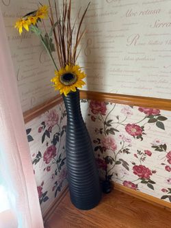 Tall Black Ribbed Floor Vase