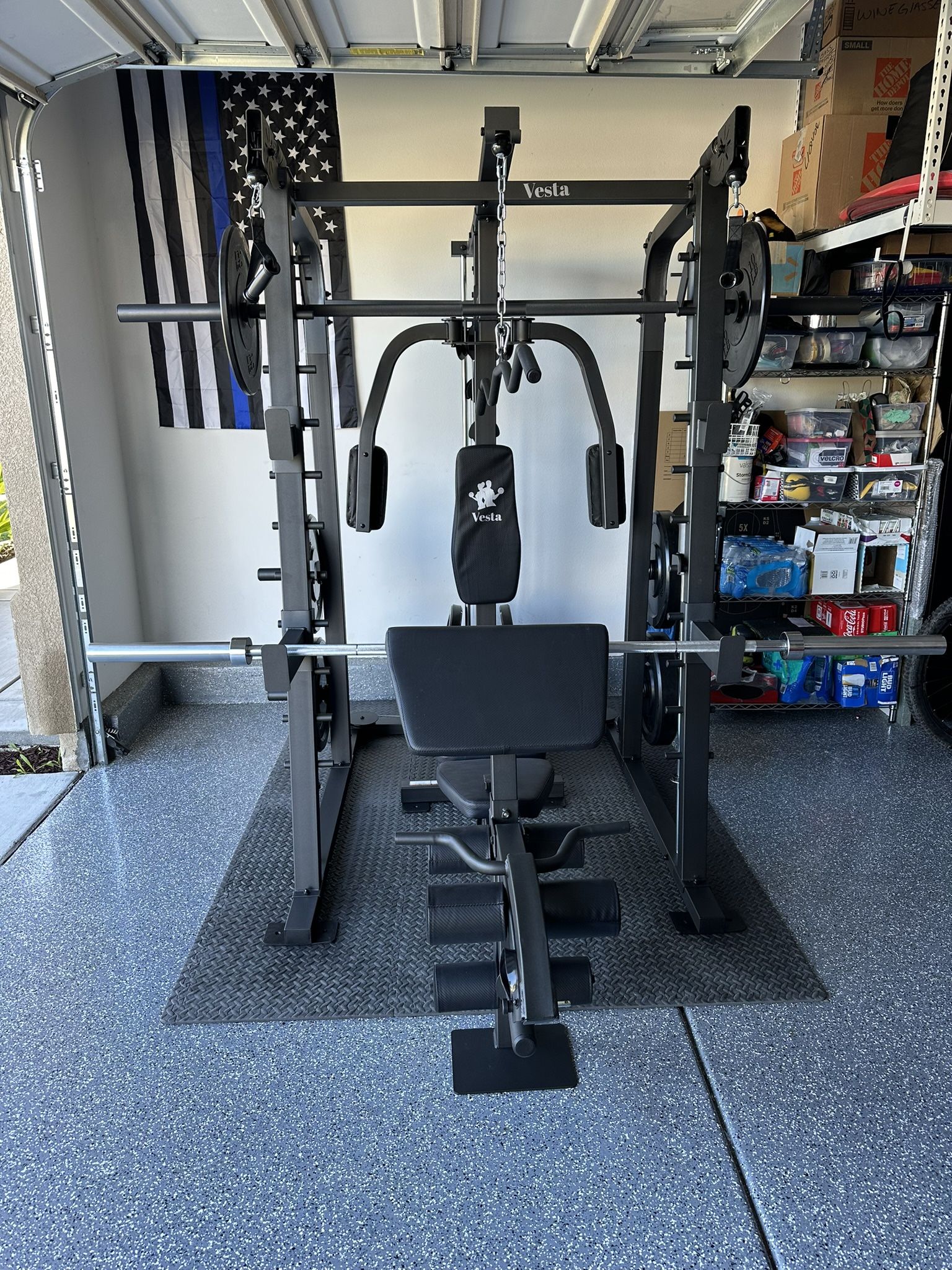 Vesta Fitness Smith Machine 2001 w/Bench Attachment | 230lb Bumpers Weights | 7ft Olympic Bar | Fitness | Gym Equipment | FREE DELIVERY🚚