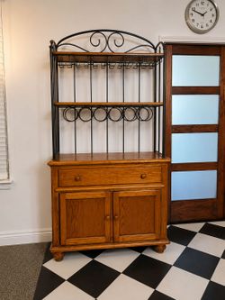 Oak Buffet / Wine Cabinet with Wrought Iron Hutch
