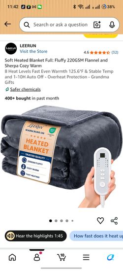 Soft Heated Blanket Full: Fluffy 220GSM Flannel and Sherpa Cozy Warm
8 Heat Levels Fast Even Warmth 125.6°F & Stable Temp and 1-10H Auto Off - Overhea