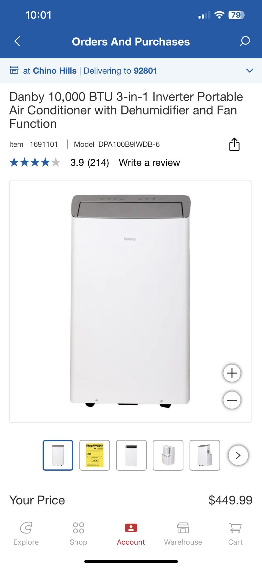 Danby 10,000 BTU 3-in-1 Inverter Portable Air Conditioner with Dehumidifier and Fan Function