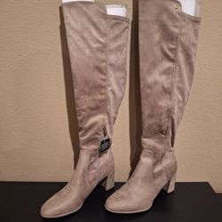 Beige Liz Claiborne LC Leyla Faux Suede Block Heel Knee High Boots, Sz 9M