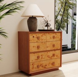 6-Drawer Dresser, Mid-Century Modern Burl Wood, Storage Chest, Accent cabinet