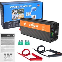 Power Inverter 3000 Watt, 12V DC to 110V AC Converter. Dual AC Outlets, USB Port. RV, Camping

