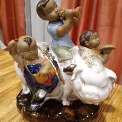 Vintage Asian Childrwn Playing Music Around Pig Figurine